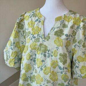 VOY Floral Jacquard Puff Short Sleeve Top Sz M Yellow Cream Green V-Neck